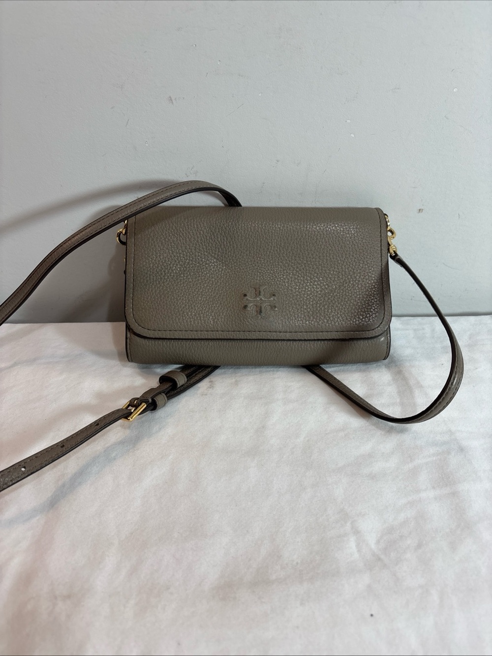 Tory Burch Taupe Pebbled Leather Crossbody Bag